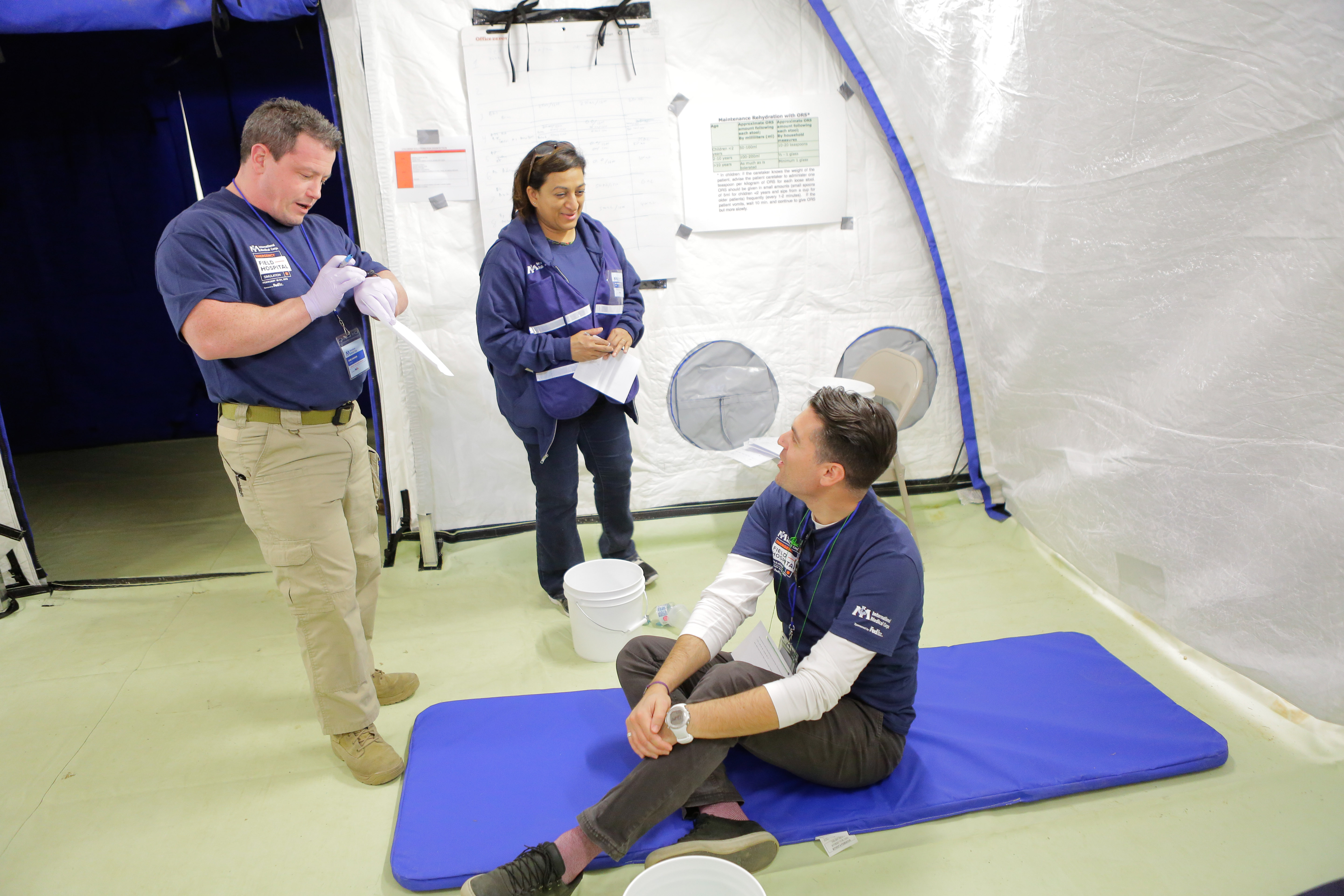 Simulation participants inside the field hospital