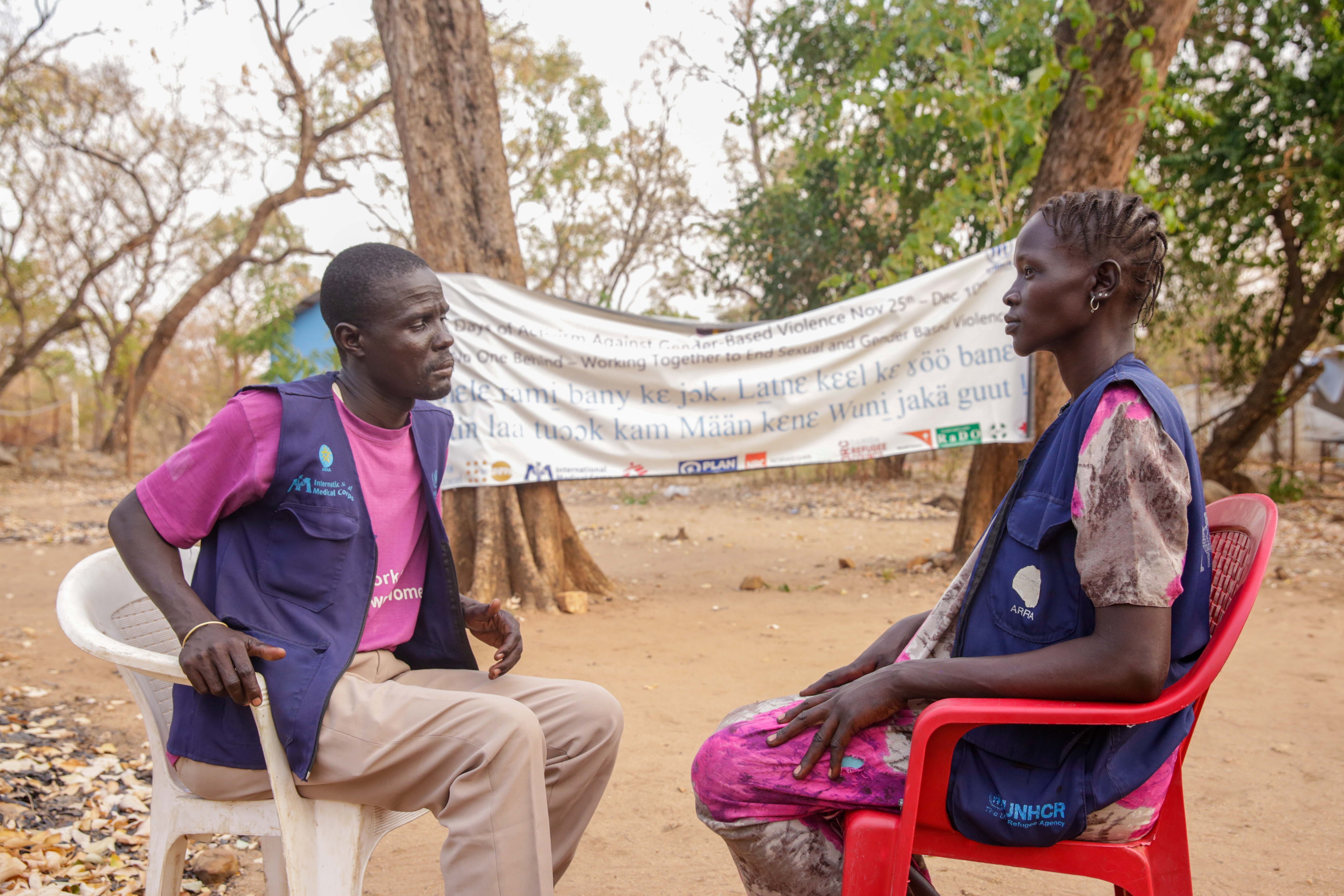 Nyabong_discussing_GBV_solutions_with_an_International_Medical_Corps_GBV_Response_Officer.