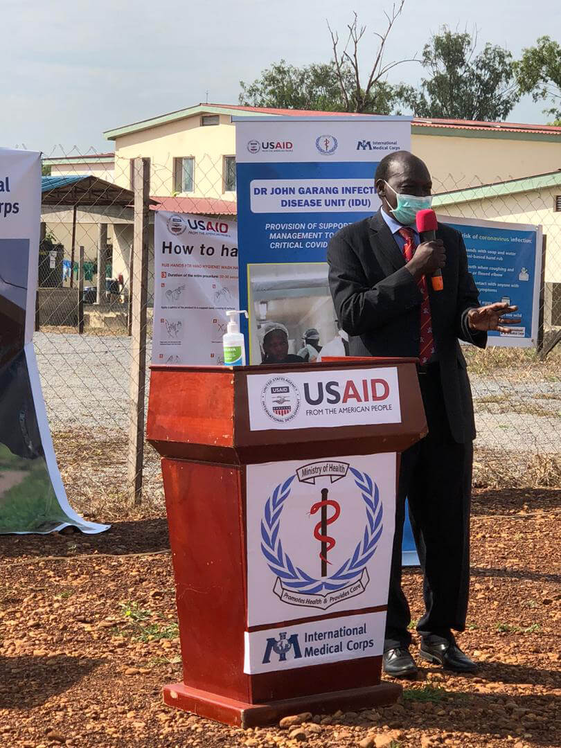Ministry of Health Undersecretary Mayen Achiek delivering his remarks at the Juba Infection Disease Unit ribbon cutting ceremony.
