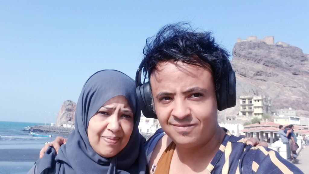 Fayad with his mother, Maryam Ahmed Saeed, during her recent visit to Aden. It took her 12 hours to make the 190-mile trip from her home in Sana’a, a journey that in more peaceful times would take just five hours.