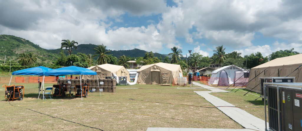 Several tents at the International Medical Corps field hospital in Aquin.