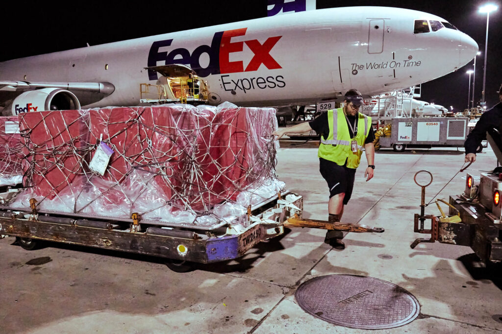In May 2018, International Medical Corps medical shelters and other lifesaving relief supplies were readied for shipment by FedEx to the Democratic Republic of the Congo for our Ebola response.