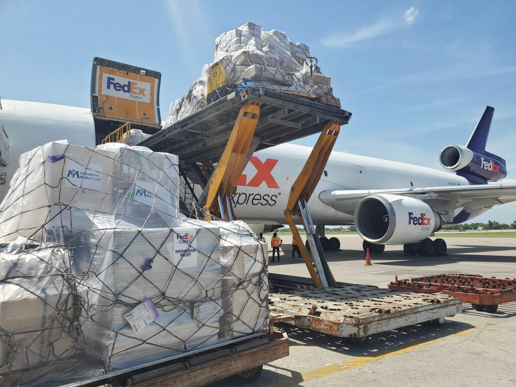 A shipment of critical medical supplies arrives in Haiti in August 2021.