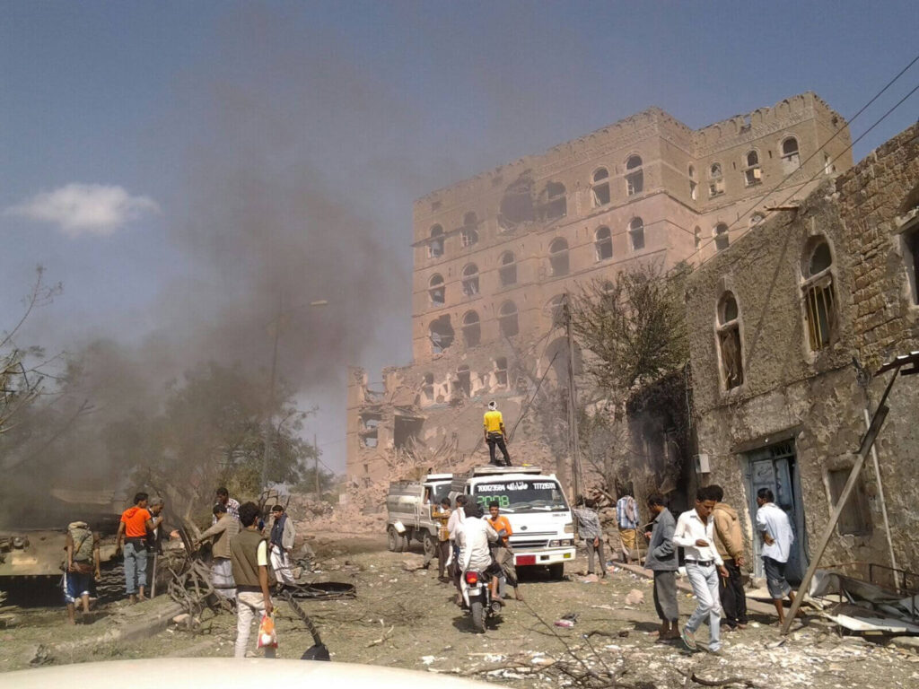 Debris around the badly damaged Salah Palace after an airstrike in October 2015.
