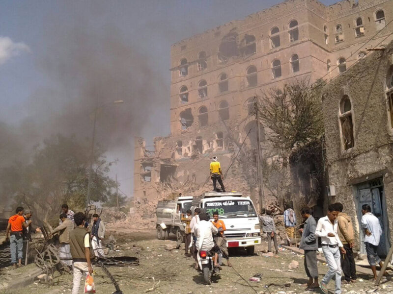 Debris around the badly damaged Salah Palace after an airstrike in October 2015.