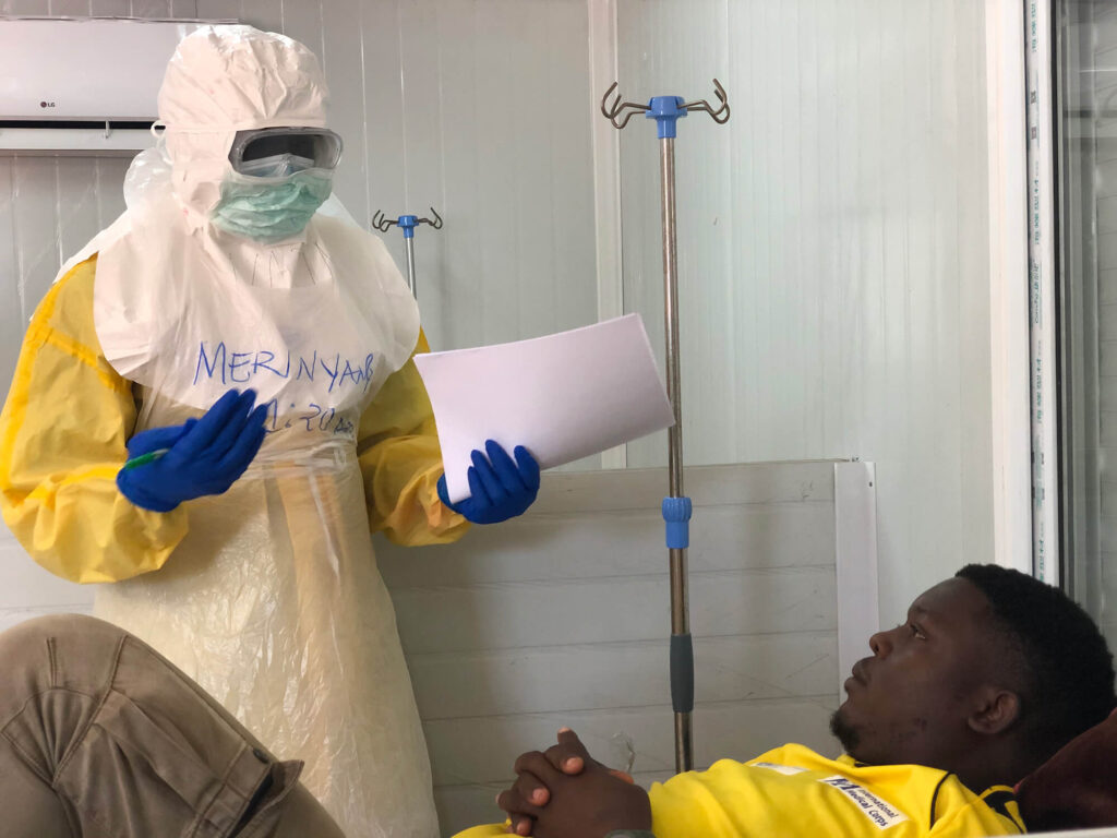 A patient is interviewed at the Juba Infectious Disease Unit after showing COVID-19 symptoms at one of Juba's two screening and referral units.