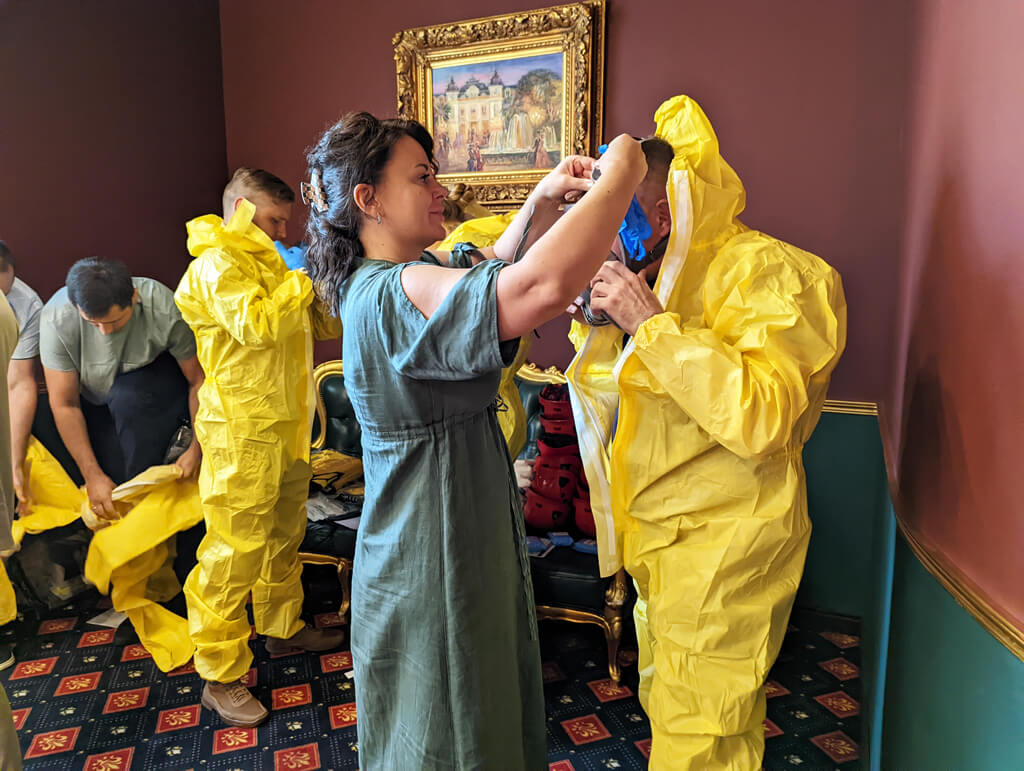 To make the CBRNE training as real as possible, we provided participants with hazmat suits and gas masks.