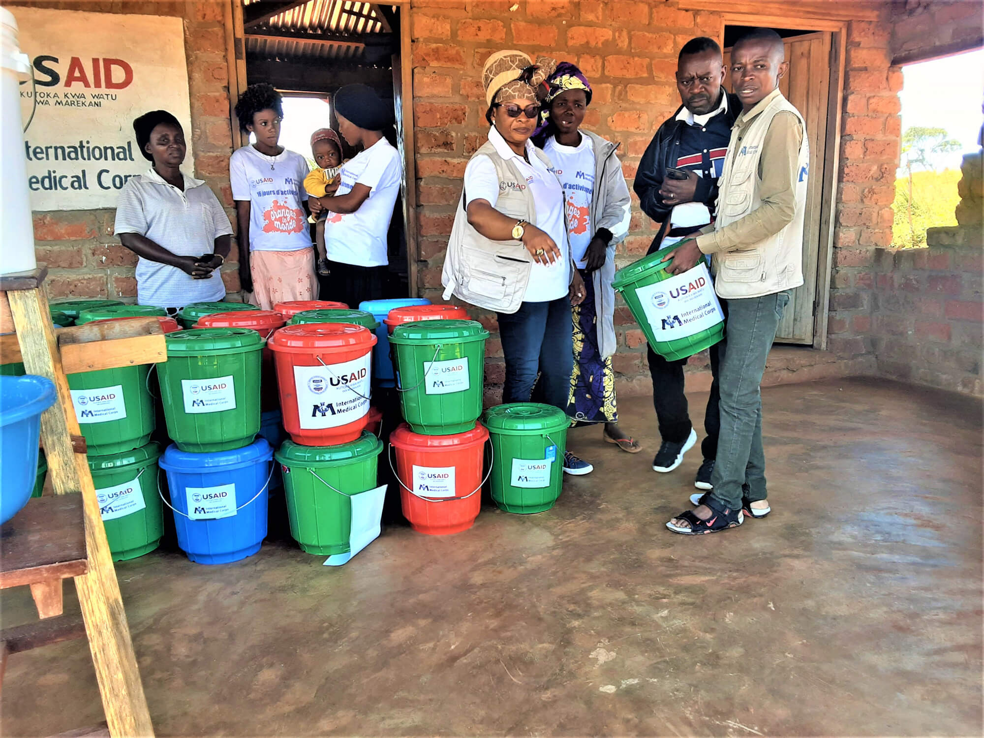 Djaile and other International Medical Corps staff prepare to distribute hygiene kits to victims of gender-based violence.