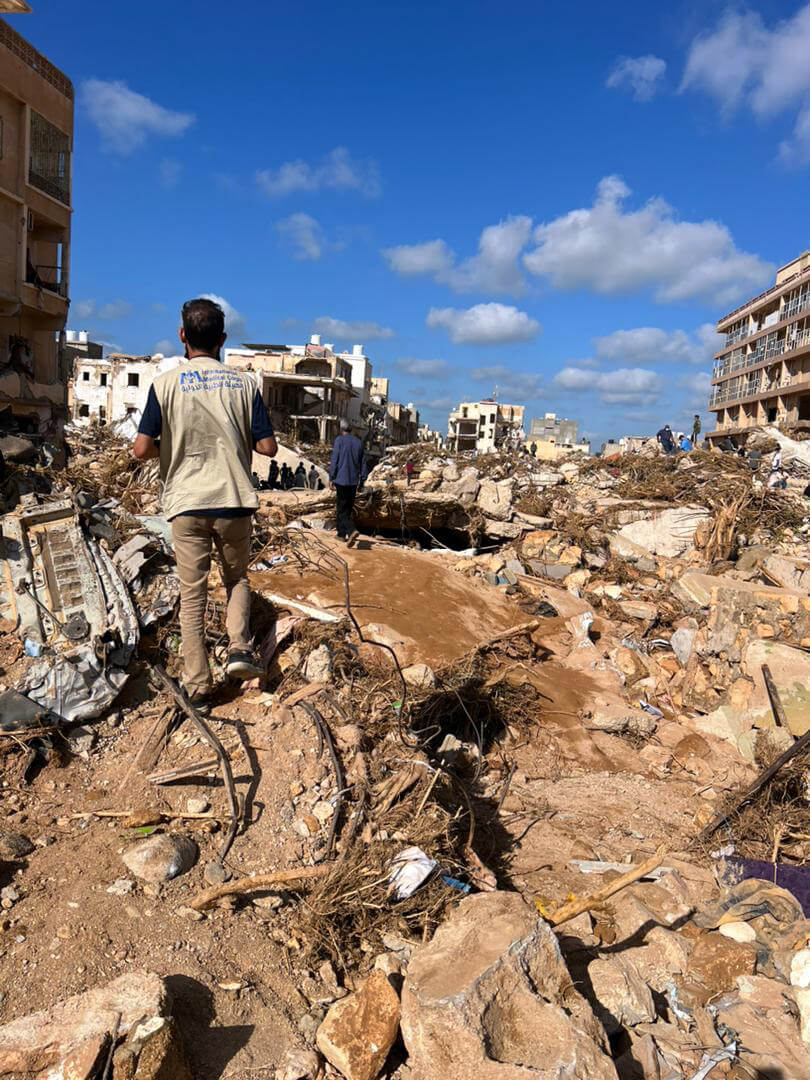 International Medical Corps team members survey the extensive damage in Derna, Libya.