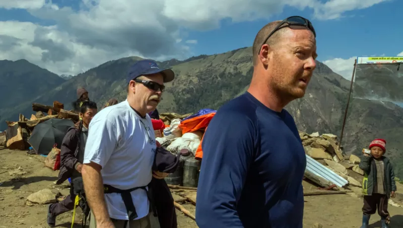 EMT Timothy Collins (left) and Dr. Michael Karch (right) during the rescue mission to save an injured man in Nepal in 2015.