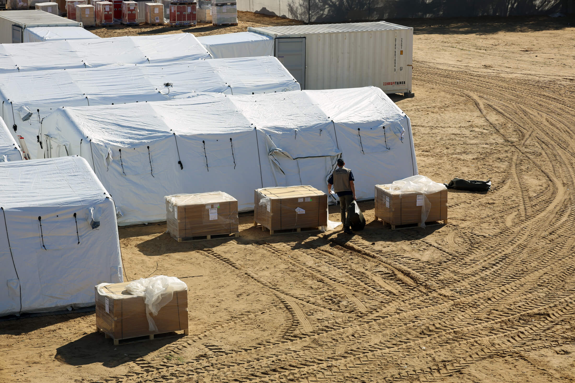 Staff members set up the field hospital in southern Gaza.