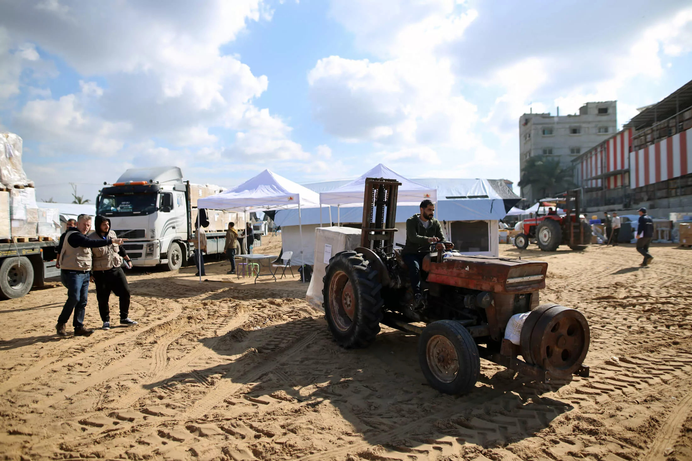 Staff members set up the field hospital in southern Gaza.